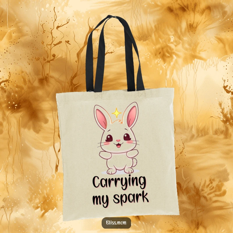 Funny rabbit tote bag with a cheerful bunny holding a radiant light, its eyes sparkling, perfect for carrying daily necessities with joy.