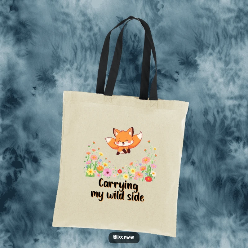 Funny tote bag depicting a gleeful fox leaping through a picturesque field of wildflowers, perfect for eco-conscious shoppers.