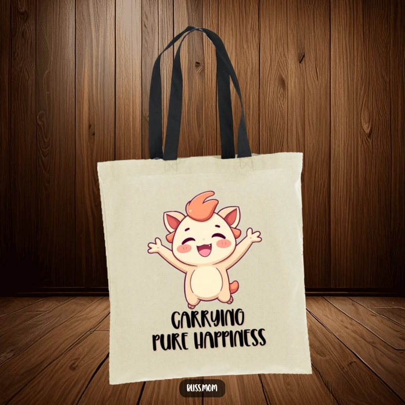 Funny tote bag featuring a creature exuberantly jumping for joy with a radiant, carefree expression, perfect for daily use.