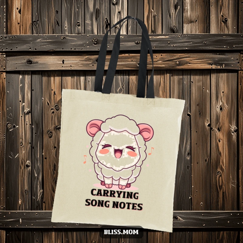 Funny Kawaii Sheep Mom Tote Bag, cheerfully singing with eyes closed, perfect for carrying essentials with musical flair.