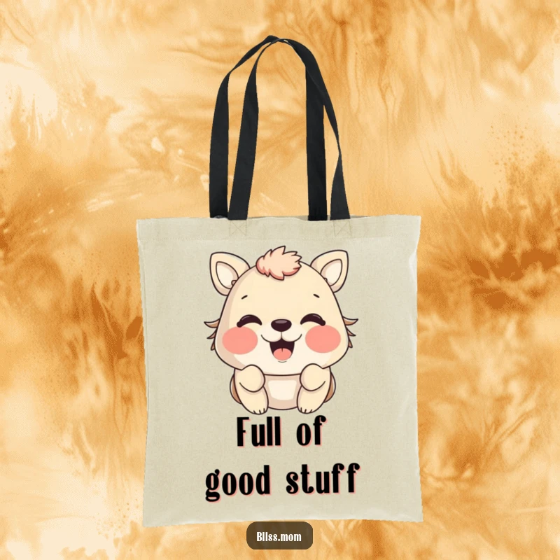 Funny animal tote bag with comically puffed cheeks radiating pure happiness, an adorable and cheerful accessory.