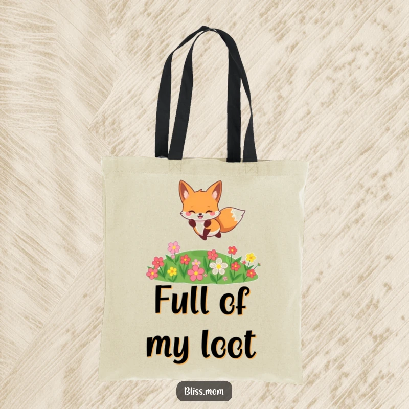 Funny cheerful kawaii fox jumping over flowers, cute woodland tote bag, practical and charming, perfect funny gift.