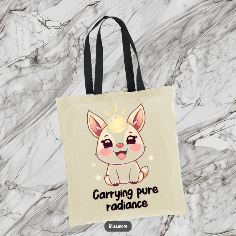 Funny tote bag featuring a joyful animal with its ears up, excitedly bouncing a luminous, shimmering orb of light.