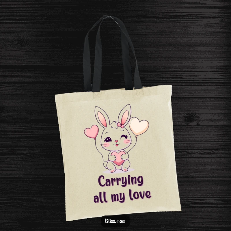Funny tote bag showing a cheerful bunny mom with rosy cheeks holding a heart balloon, perfect for bunny lovers.