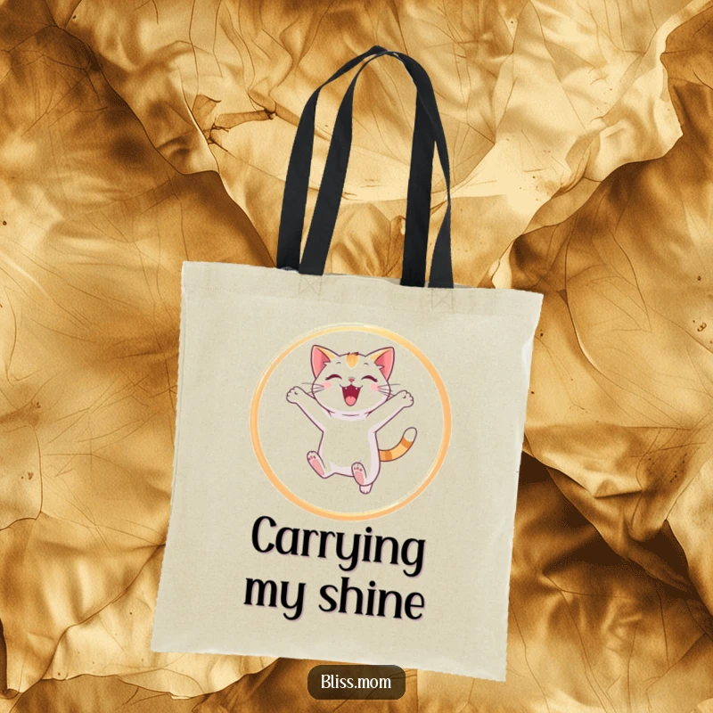 Funny cat tote bag illustrating a happy cat leaping energetically through a radiant hoop of light, a stylish accessory for daily adventures.