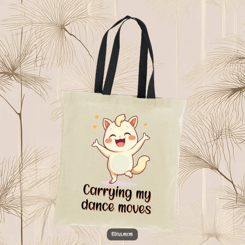 Funny tote bag featuring a joyful creature performing a vibrant celebratory dance, ideal for carrying essentials with flair.