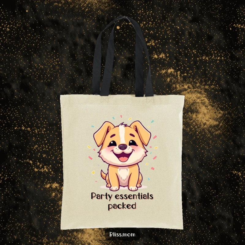 Funny tote bag with a happy dog character with a beaming smile, surrounded by colorful confetti, perfect for carrying items festively.