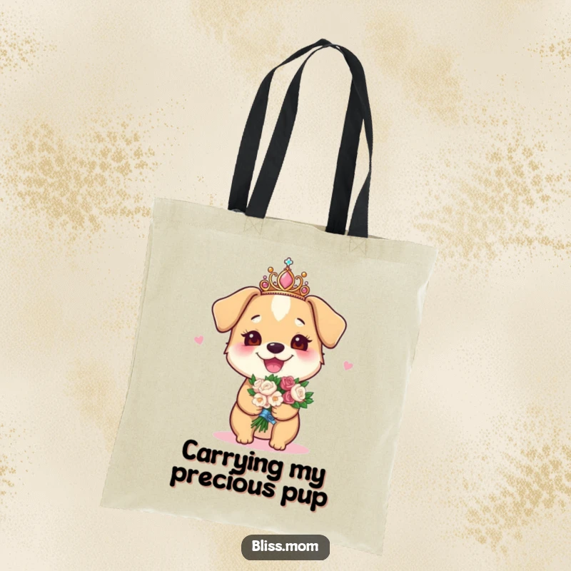 Funny tote bag showing a joyous dog mom with a sparkly tiara and bouquet, celebrating her dog love.