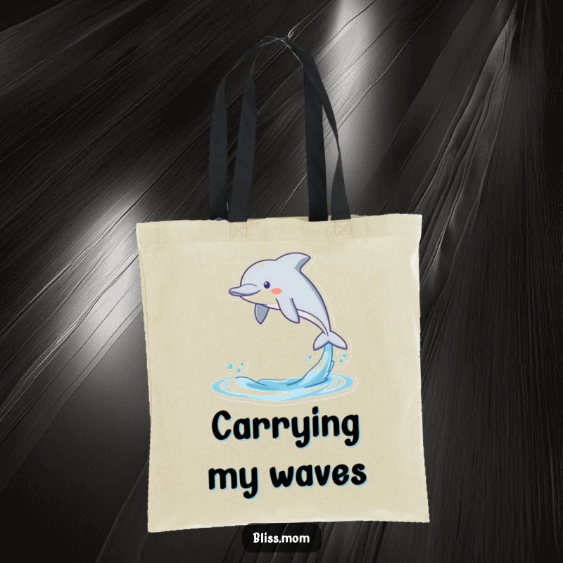 Funny tote bag with a gleeful kawaii dolphin mid-leap, ideal for beach trips and carrying humor with a splash of personality.