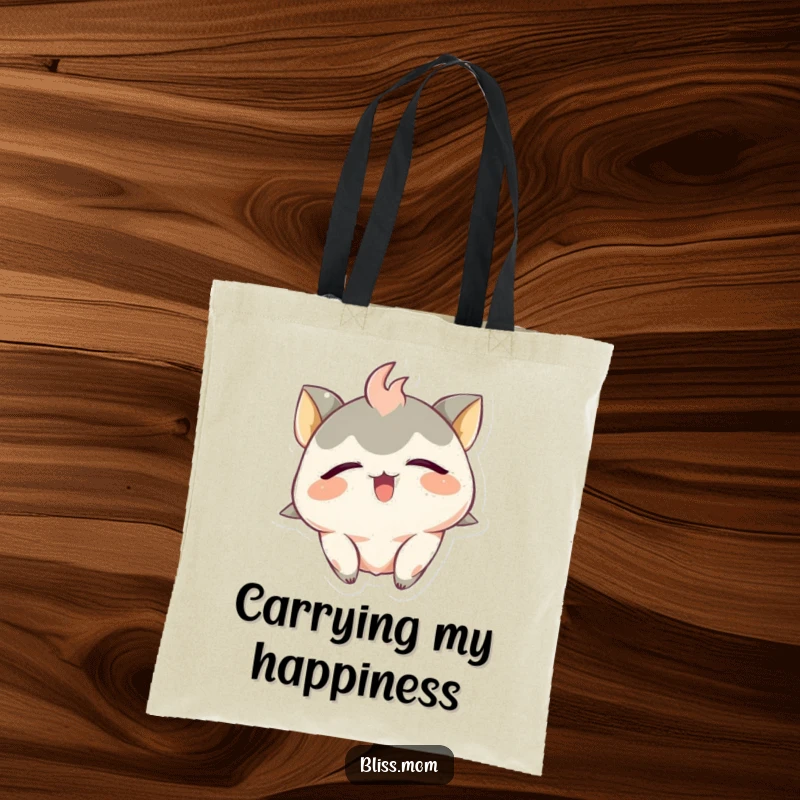 Funny Tote Bag: An ecstatic creature with closed eyes beams with happiness, making this bag hilariously joyful.