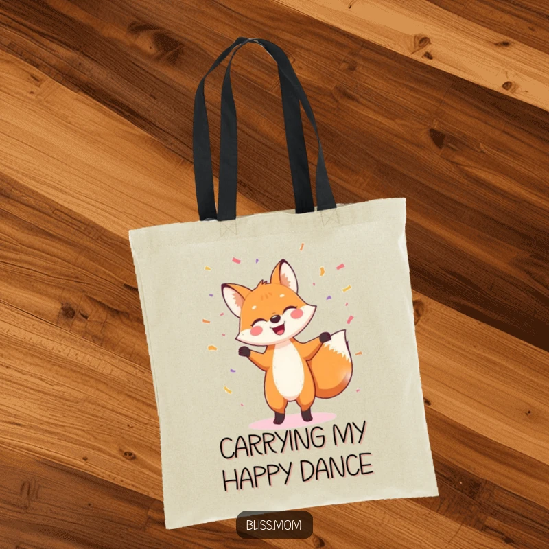 Funny tote bag illustrating a gleeful fox dancing energetically amidst a joyful cascade of confetti, perfect for carrying happiness.