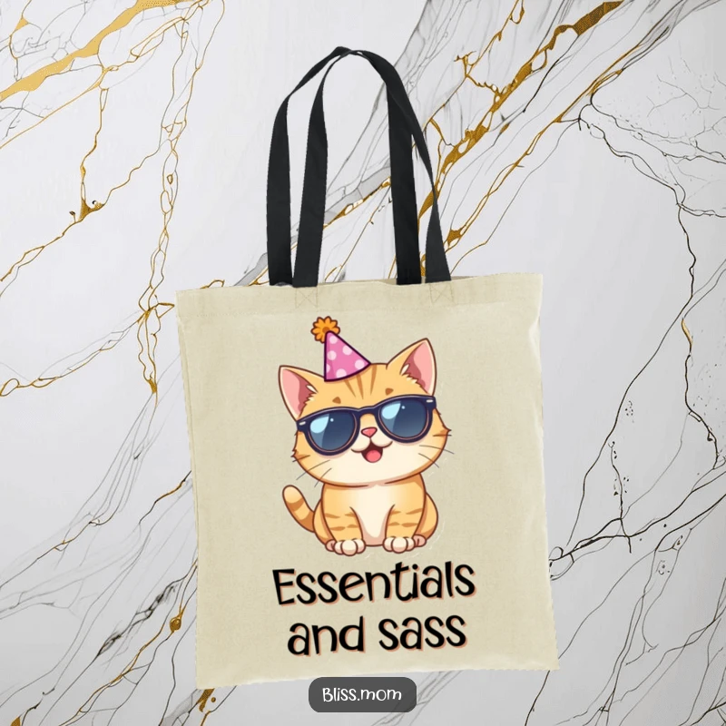 Funny tote bag featuring a giggling cat wearing sunglasses and a party hat, ideal for stylishly carrying everyday items.