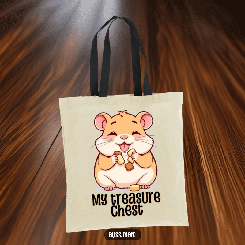 Funny tote bag: a happy hamster mom happily stuffing her cheeks with treats, perfect for carrying essentials with a smile.