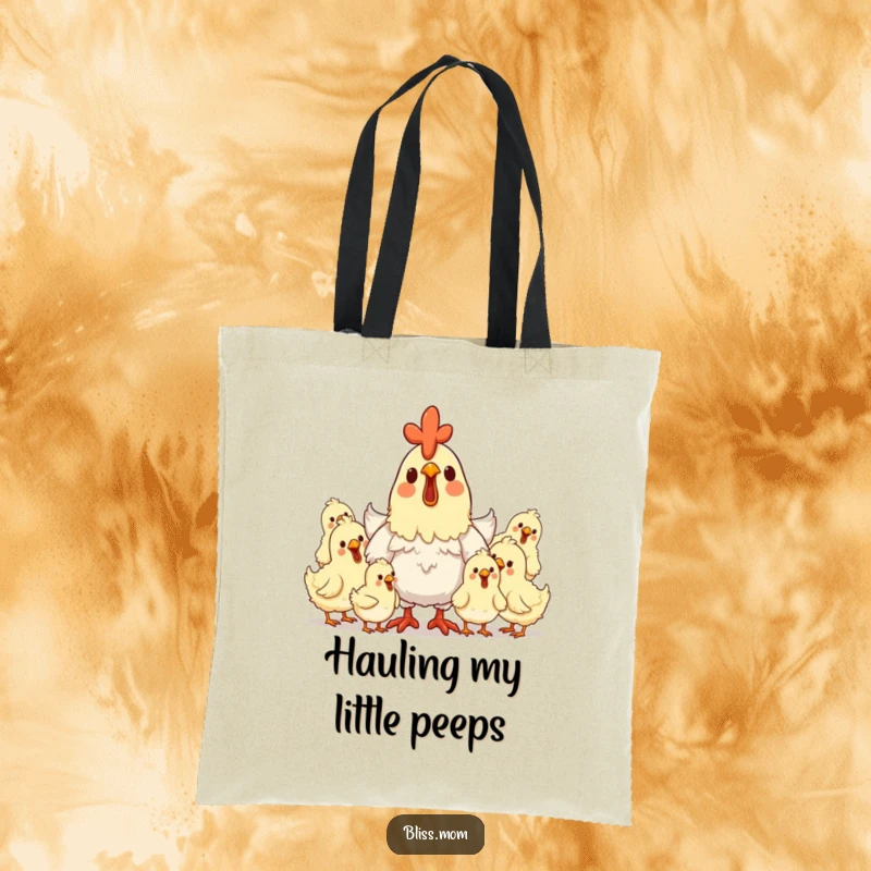 Funny hen mom tote bag featuring a delighted mother hen surrounded by clucking, happy chicks, perfect for moms.