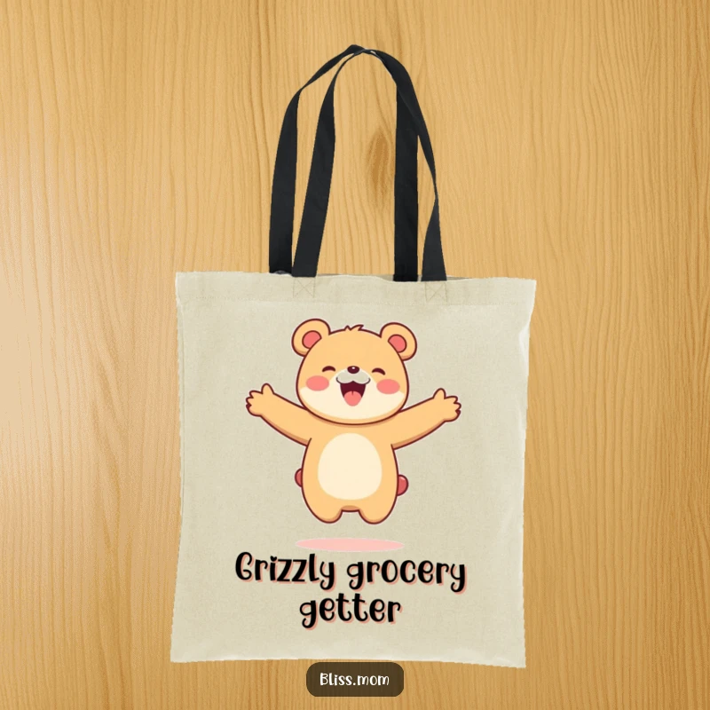 Funny Kawaii Bear Mom Tote Bag: A bear mom jumps joyfully with open arms. Ideal for errands, this tote brings bear humor.