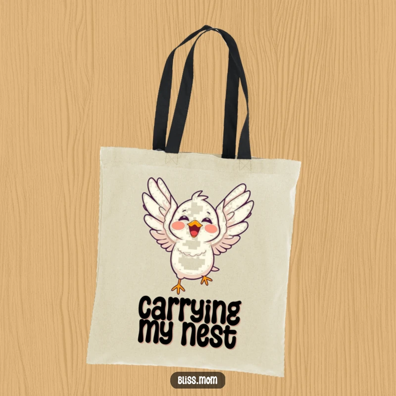 Funny laughing kawaii bird with wings spread wide in flight, cute bird tote bag, practical and charming, perfect funny gift.