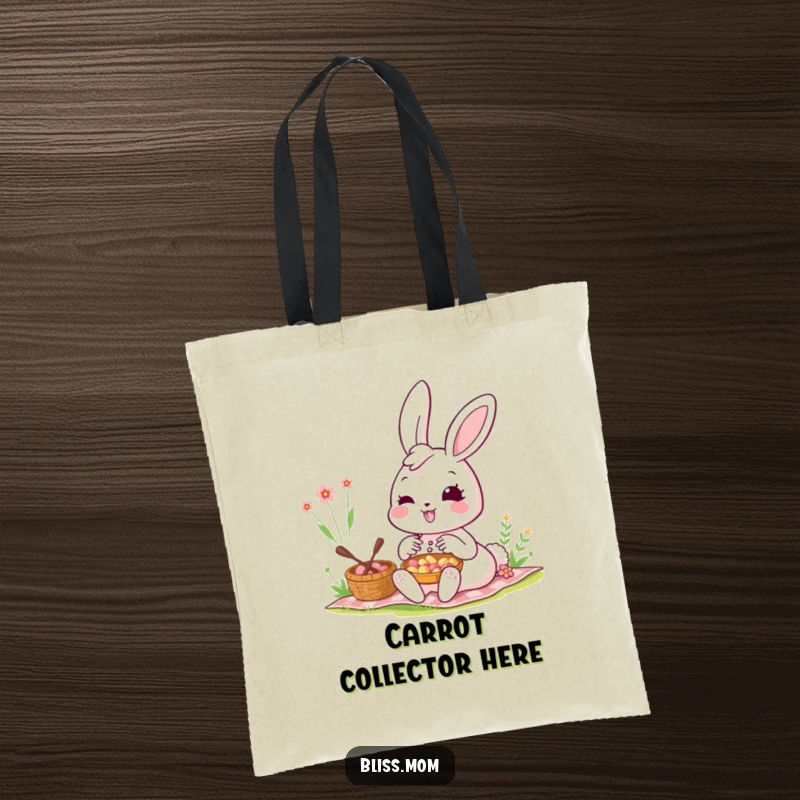 Funny Kawaii Bunny Mom Tote Bag: A bunny mom smiles radiantly at a picnic. Ideal for errands, this tote brings bunny humor.