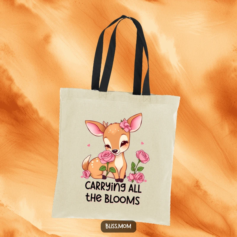Funny Kawaii Deer Mom Tote Bag, holding a fragrant rose with delight, embodying cute, practical, and humorous style for moms.