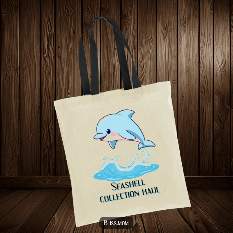 Funny Kawaii Dolphin Mom Tote Bag, playfully leaping from a sparkling wave, perfect for carrying beach essentials with flair.