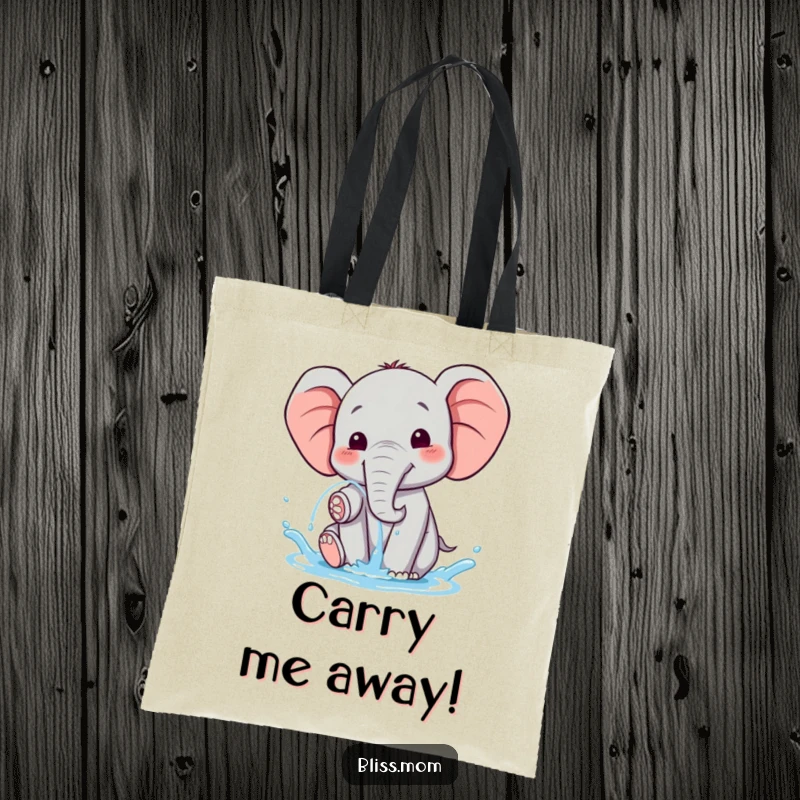 Funny happy kawaii elephant spraying water with delight, on a durable tote bag, showcasing a splash of pure joy.