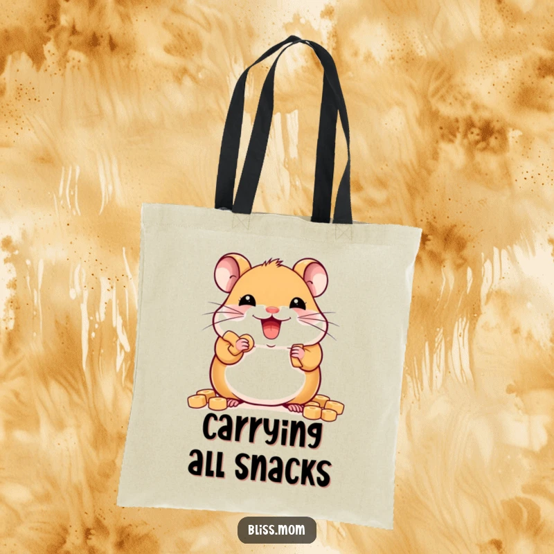 Funny delighted kawaii hamster stuffing cheeks with treats, cute rodent tote bag, practical and charming, perfect funny gift.