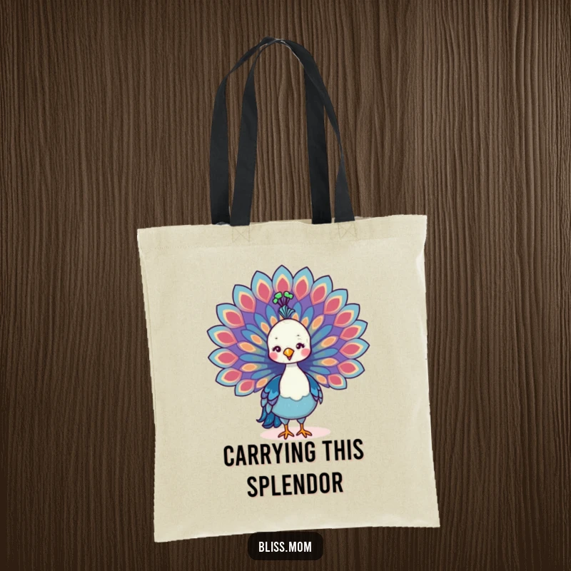 Funny Kawaii Peacock Mom Tote Bag, spreading colorful tail feathers with pride, perfect for carrying essentials with flair.