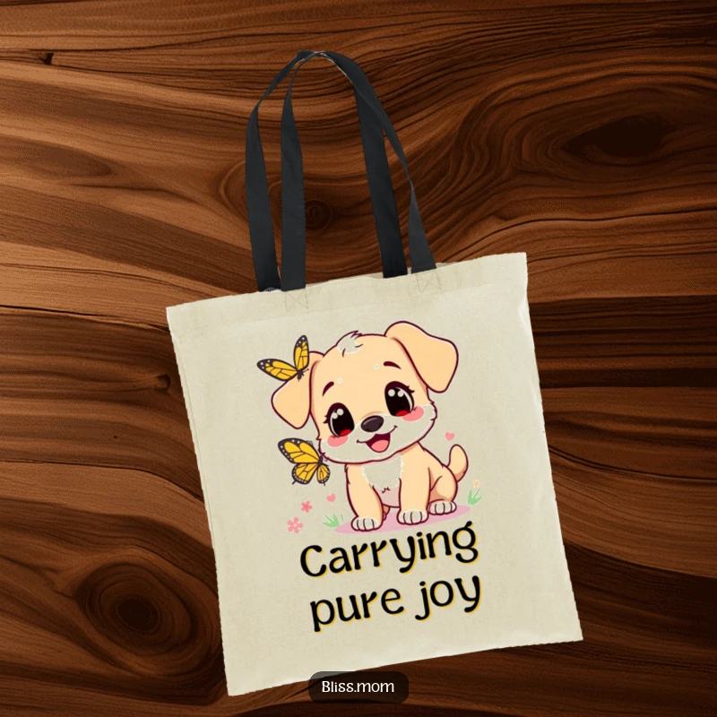 Funny tote bag: a cute puppy mom with heart eyes, excitedly chasing a butterfly, a symbol of her joyful nature.