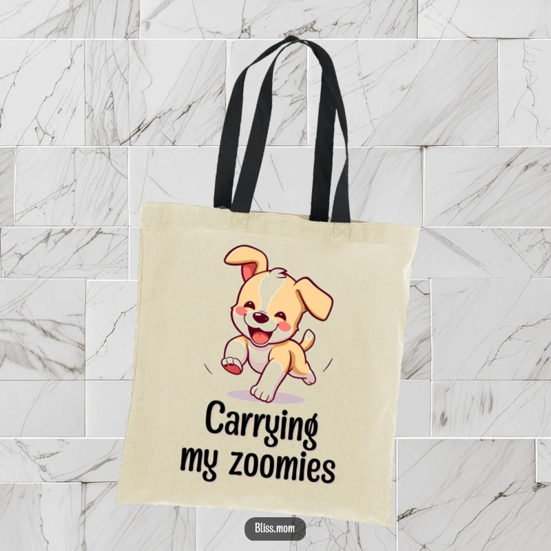 Funny Tote Bag: A puppy excitedly chasing its tail in circles, a playful accessory.