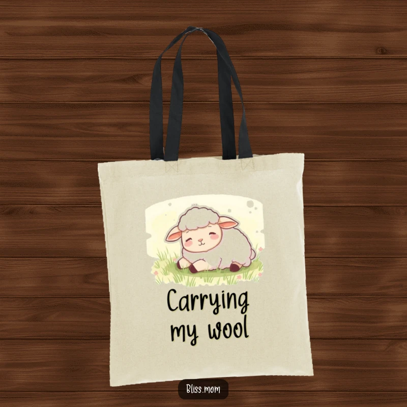 Funny tote bag with a content sheep dozing peacefully in a green meadow, perfect for carrying essentials calmly.