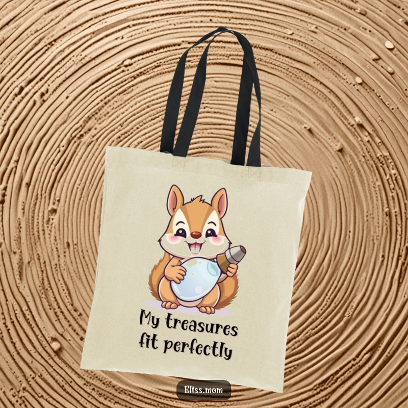 Funny squirrel mom with a beaming smile displaying a shiny recovered object on this practical tote bag.