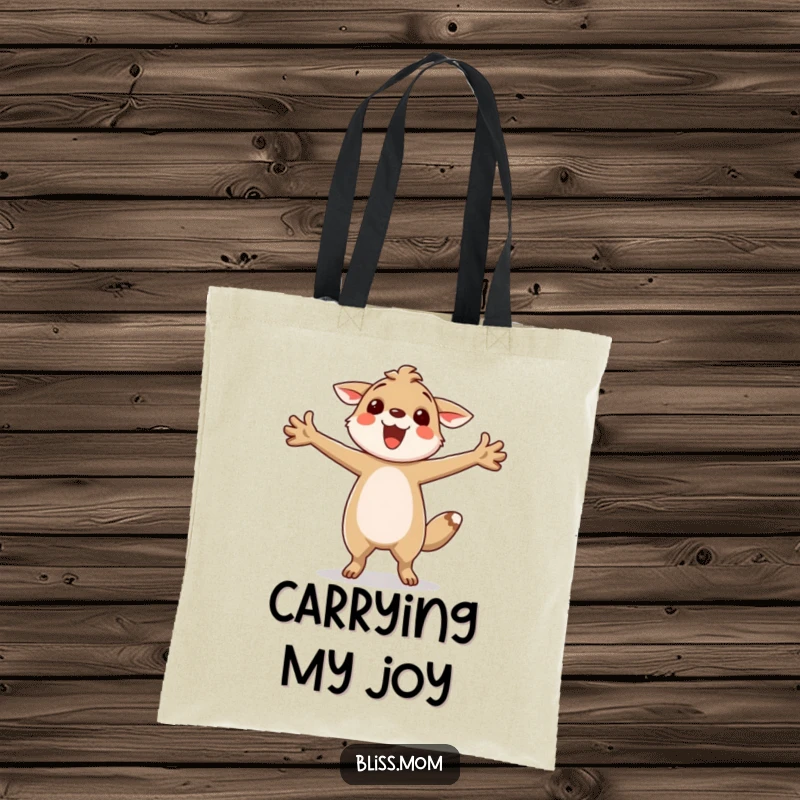 Funny tote bag featuring a happy animal twirling joyfully with arms outstretched, perfect for carrying essentials with style and humor.