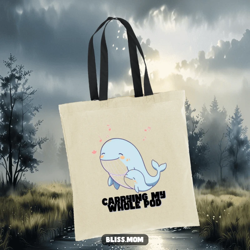 Funny whale mom tote bag with a blissful mother whale singing a joyous melody with her calf, perfect for daily use.
