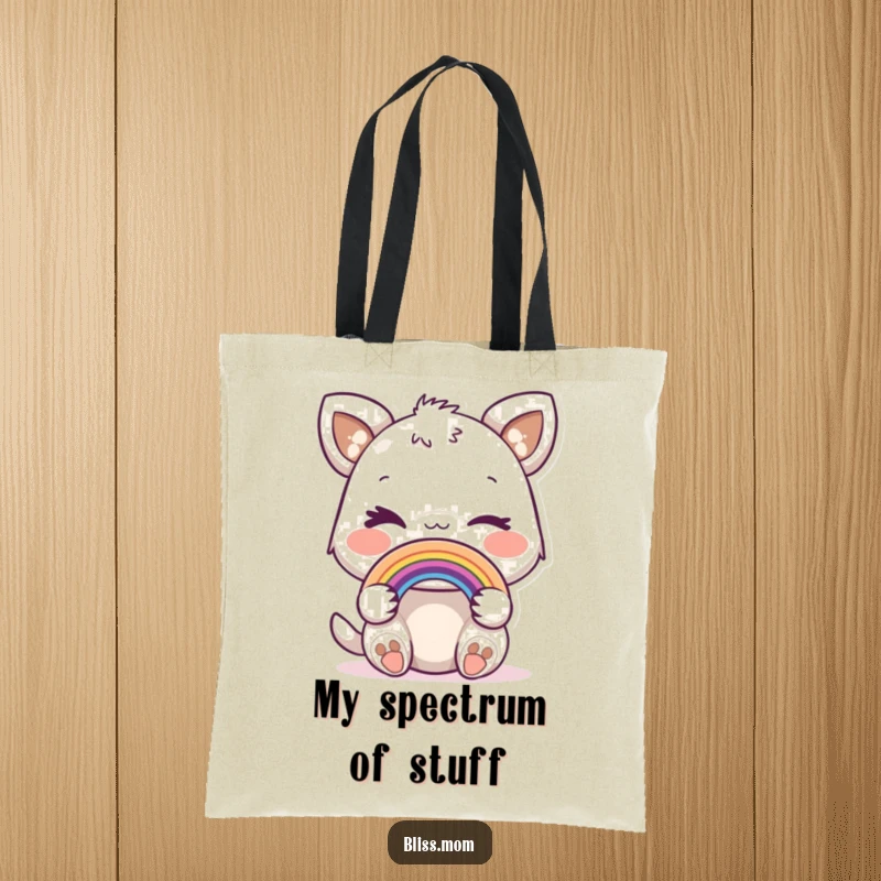 Funny tote bag with a joyful animal giving a playful wink and holding a miniature rainbow.