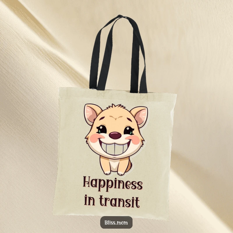 Funny tote bag featuring an animal with a wide, radiant, infectious grin, symbolizing pure joy and happiness.