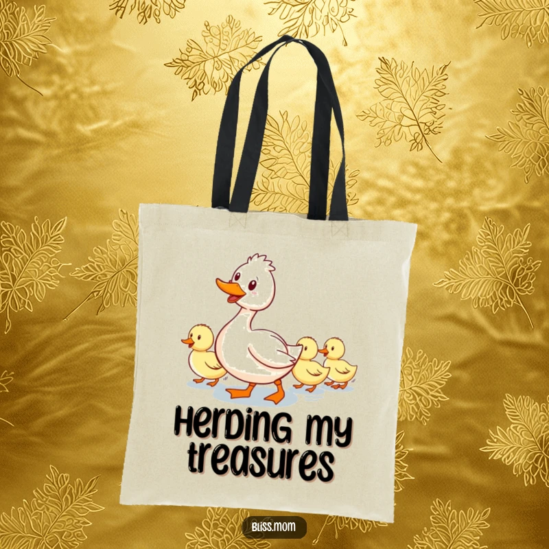Funny tote bag: a smiling mama duck waddling with a line of ducklings following, perfect for carrying mom essentials with humor.