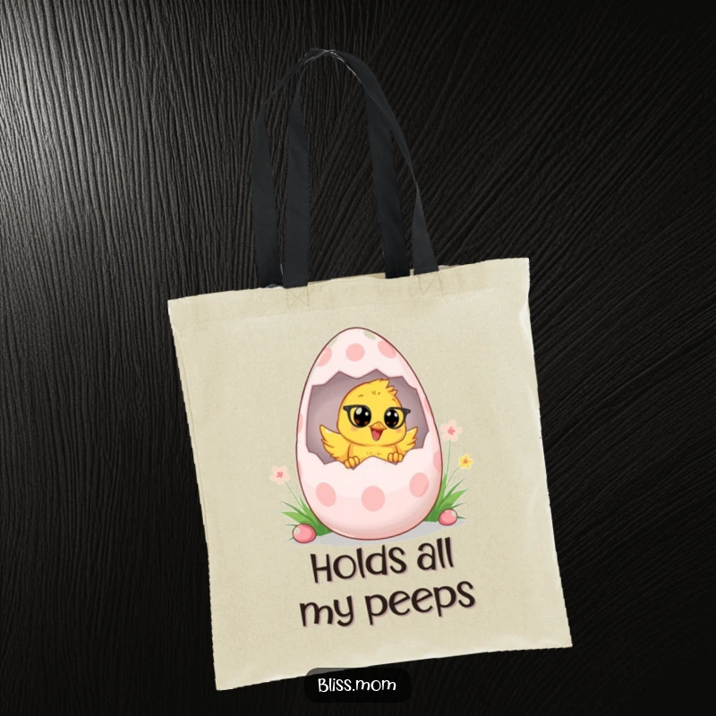 Funny Easter Chick Mom Tote Bag, showing a chick mom peeking from an egg, perfect for carrying spring treats and essentials. A fun gift.