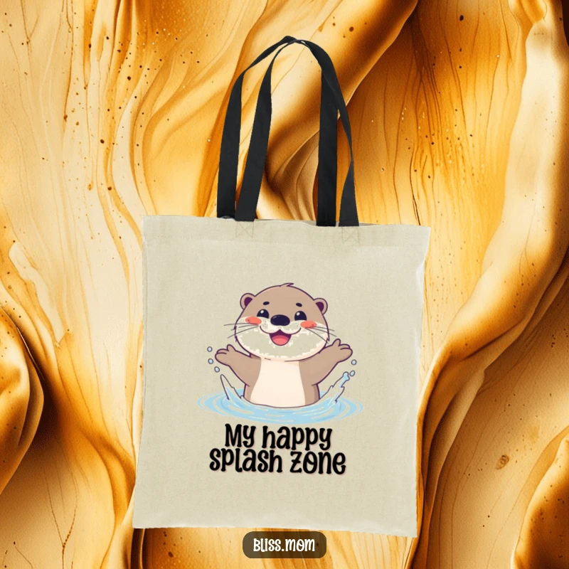 Funny tote bag featuring a happy otter splashing energetically in water, its wide smile radiating pure joy and a love for play.