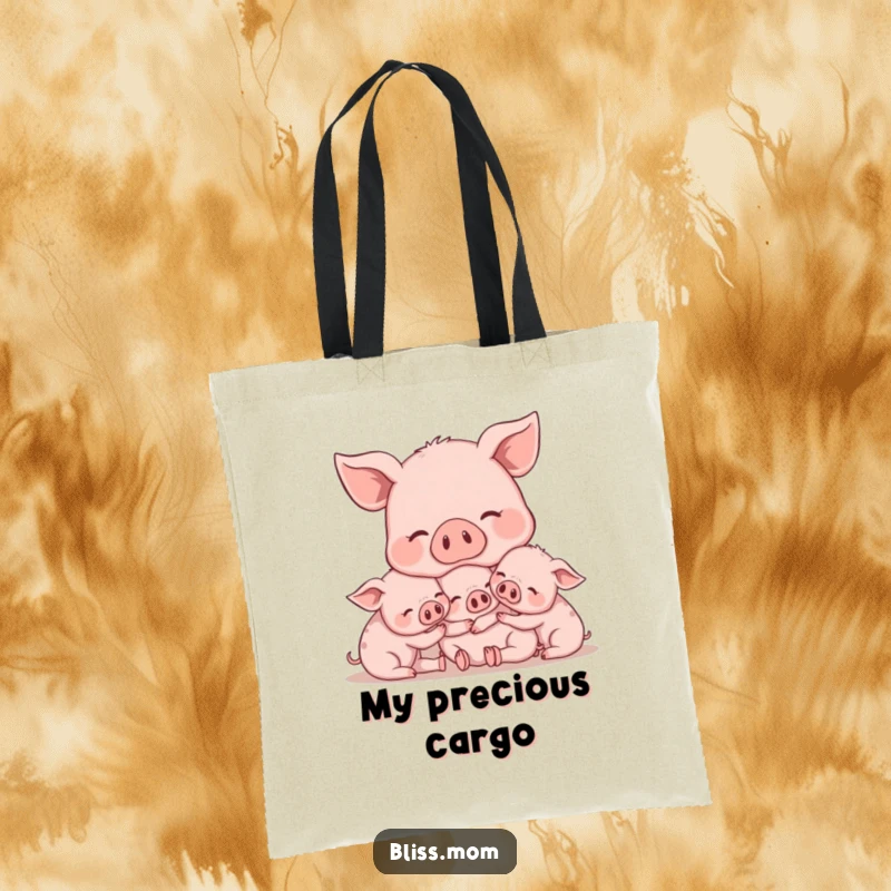 Funny Mama Pig Tote Bag, featuring a content mama pig snuggling with her piglets, ideal for shopping and daily use. A fun gift.