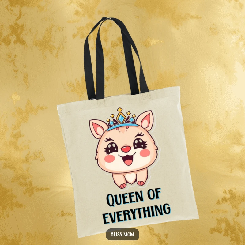 Funny tote bag showcasing a joyful animal wearing a sparkling crown and a radiant smile, perfect for carrying items with regal flair.