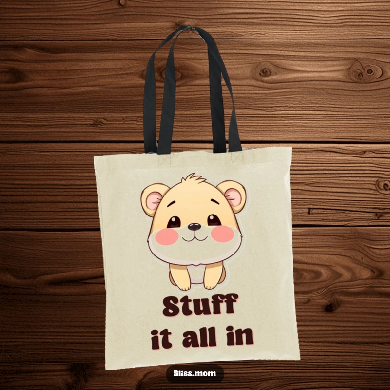Funny tote bag with an animal character sporting puffed cheeks, radiating happiness and ready to carry your essentials with a smile.