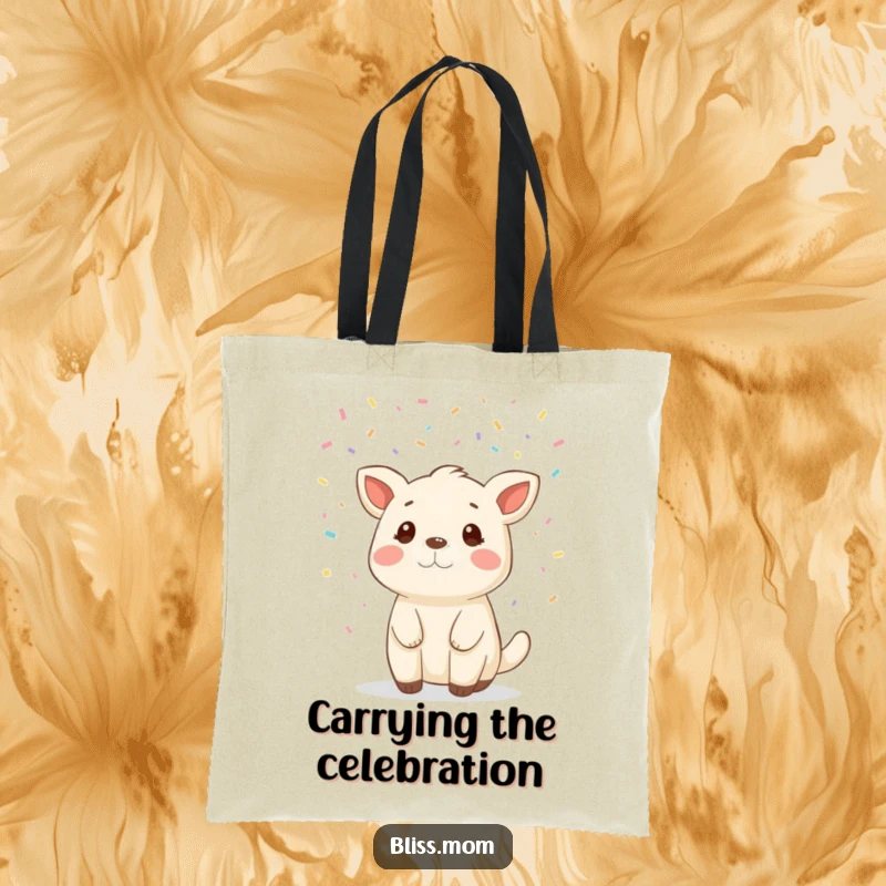Funny animal tote bag adorned with falling confetti, making it a vibrant and cheerful accessory for everyday use.