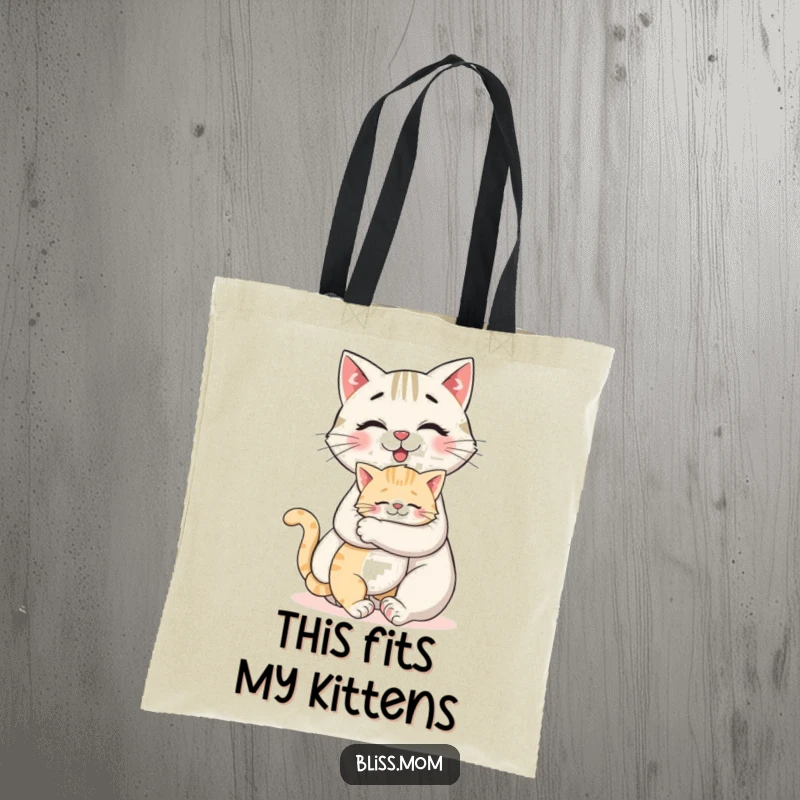 Funny tote bag showing a smiling cat mom receiving a big hug from her kitten, perfect for cat lovers.